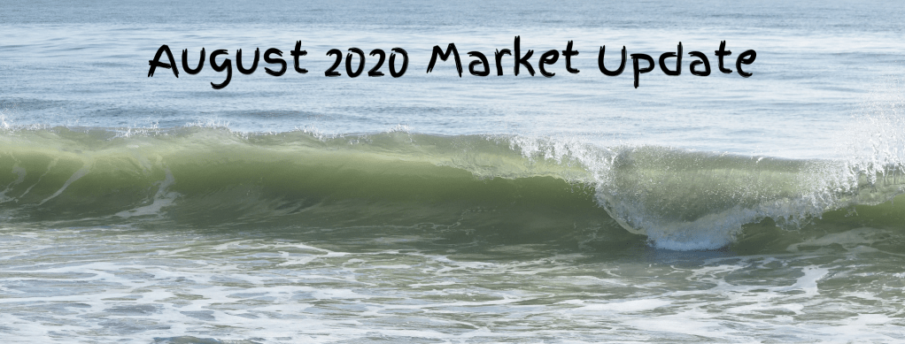 Small wave breaking in south Cocoa Beach. August 2020 Market Update is the text just above the wave.
