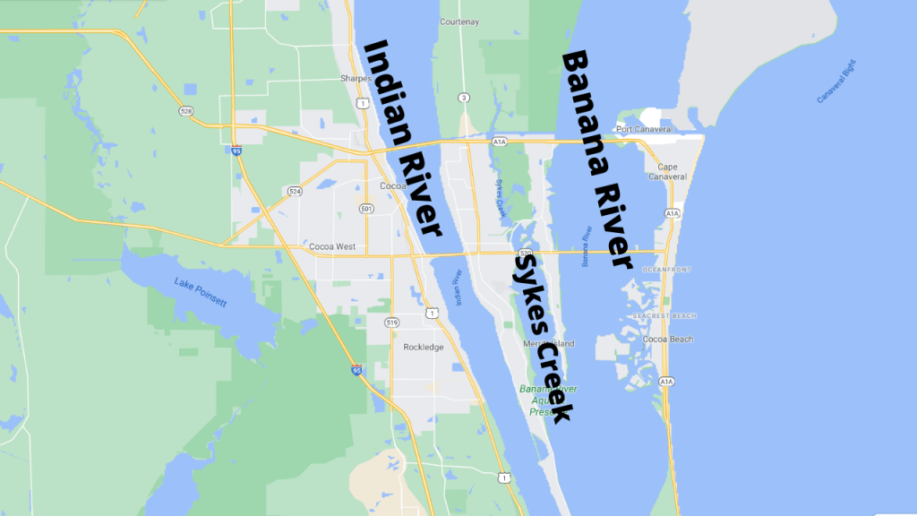 map view of merritt island florida with the Banana River, Sykes Creek and Indian River highlighted