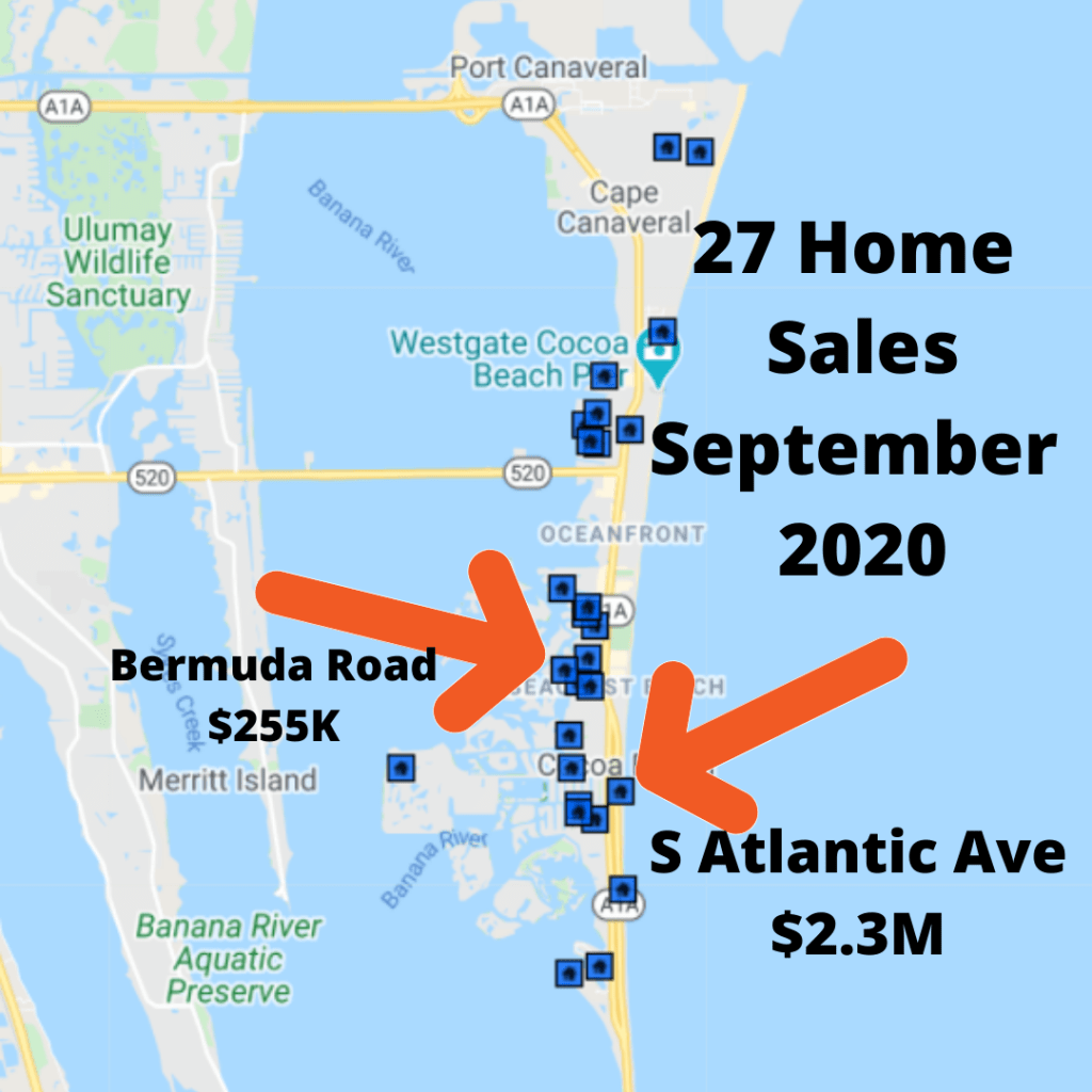 Map View showing the 27 home sales in Cape Canaveral and Cocoa Beach for September 2020