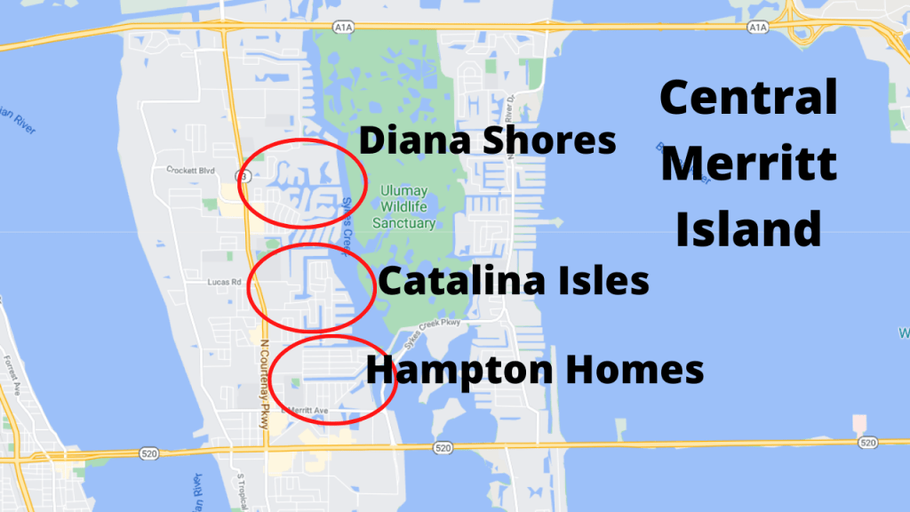 Google maps view of the 3 popular communities in central Merritt Island
