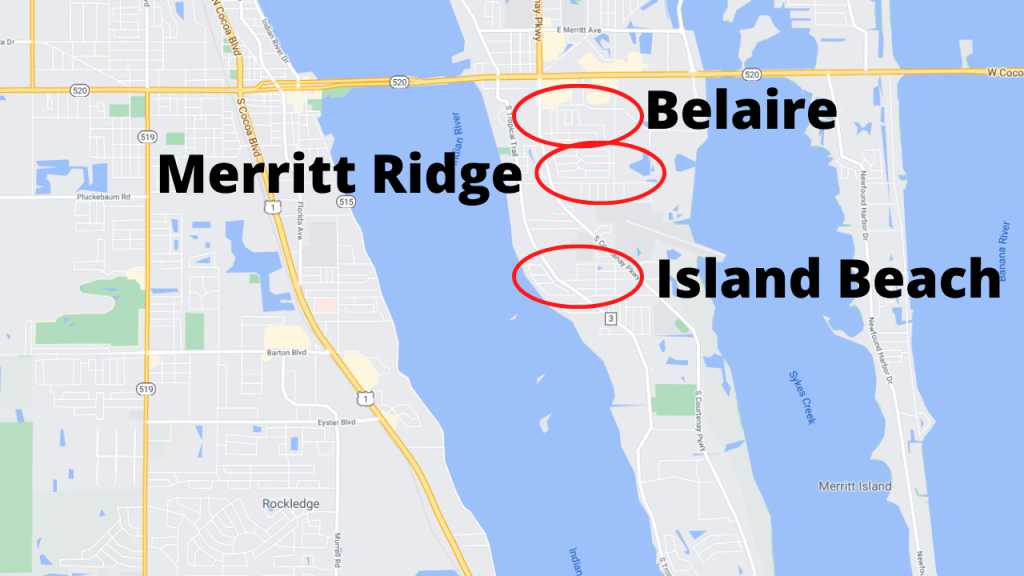 google maps view of the best selling communities of south Merritt Island