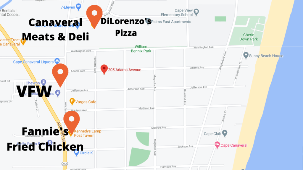 map view of the Manatee condo showing several local restaurants nearby.