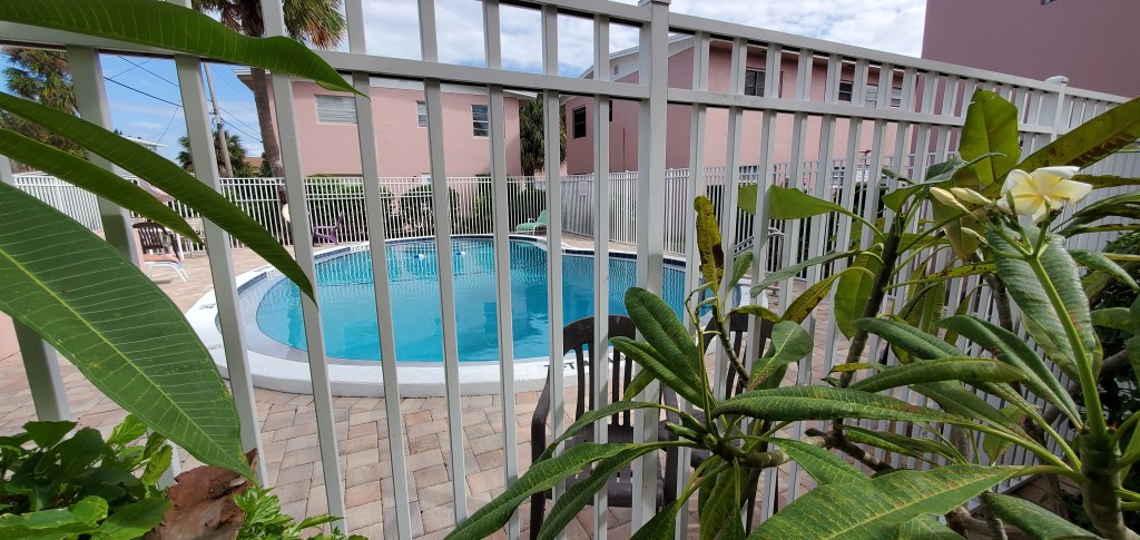 Tropical foilage helps provide privacy at the starbeach condos pool.