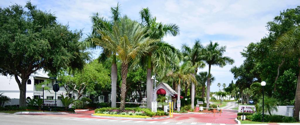 the gated entrance to the ocean front community the Villages of Seaport