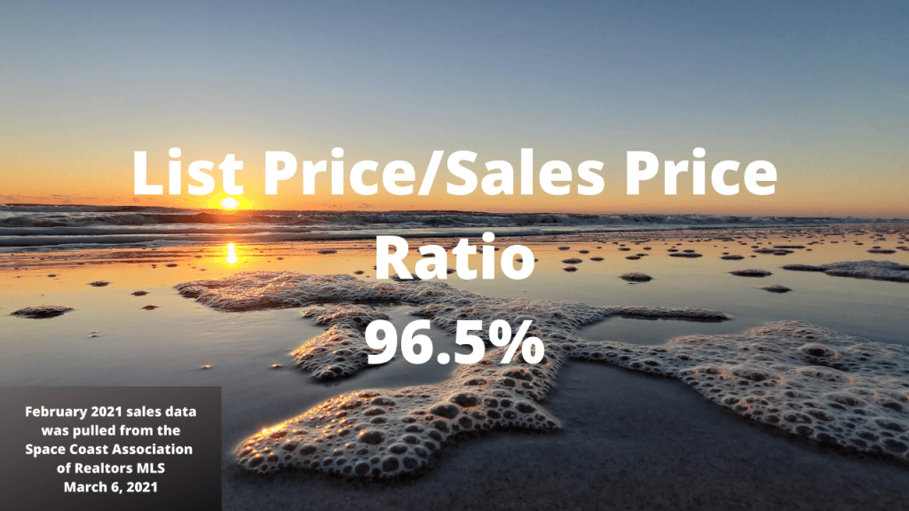 sunrise in cocoa beach with a text overlay list price/sales price ratio 96.5%