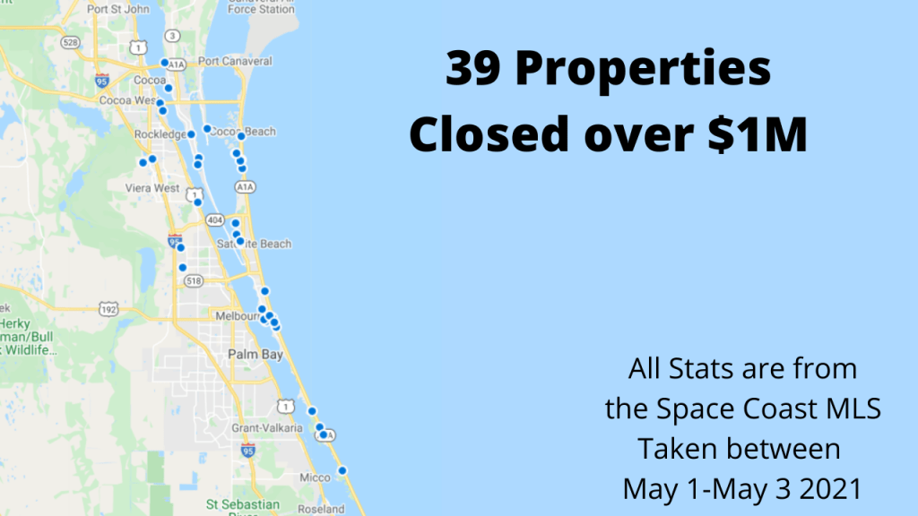 map view of the 39 properties to sell in Brevard County over $1M