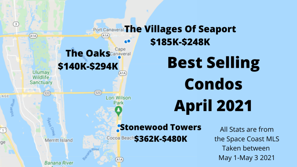 map view of the best selling condo communities in Cocoa Beach and Cape Canaveral for April 2021