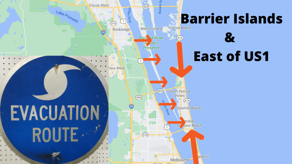 Google map view of central Brevard County pointing out the barrier island and east of US1. If you live here, you should evacuate if they ask you to during an approaching storm.