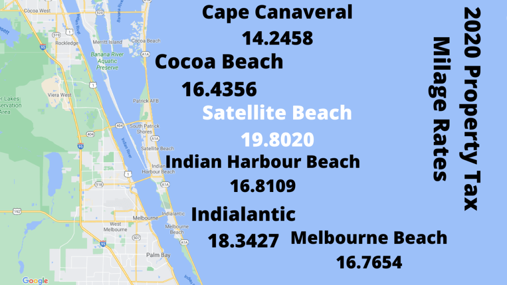 google map screen shot of the barrier island in Brevard. The millage rate for the beach towns for 2020 are on the graphic.