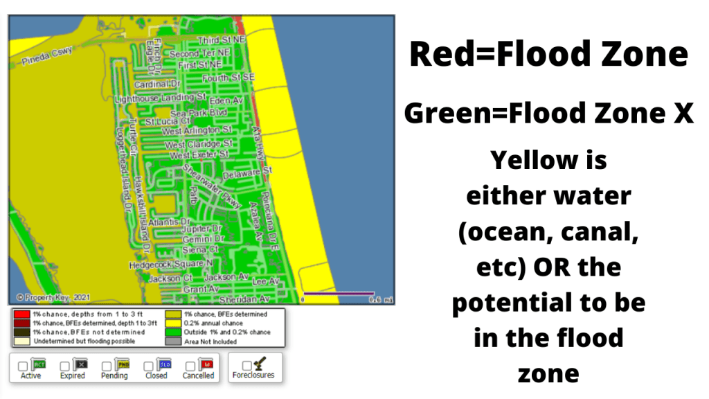 A screenshot of the flood map of north Satellite Beach that is color coded. Green indicates flood zone X. Red indicates a high threat of flooding (usually ocean front) the yellow either indicates water OR you are 