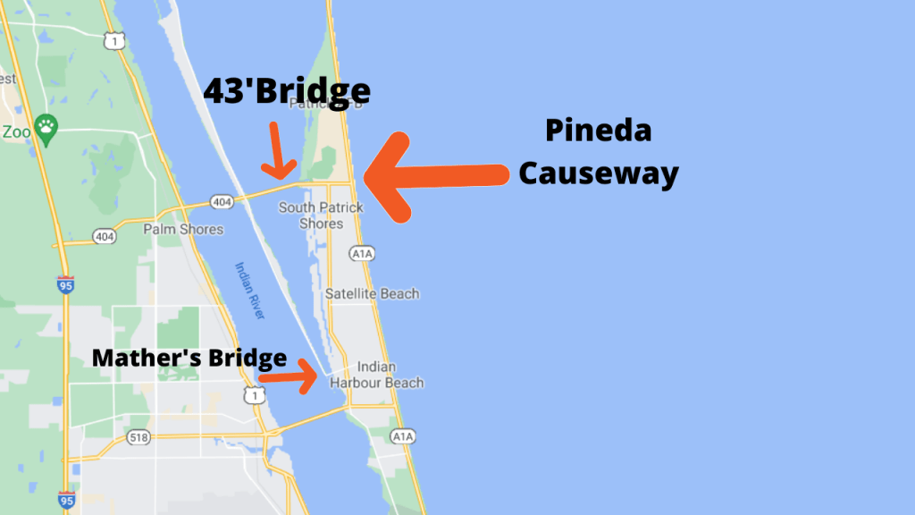 google map view of Satellite Beach pointing out the bridge locations on the banana river and bridge height on the Pineda Causeway (43'). The Causeway bridges on the Indian River are 64'.