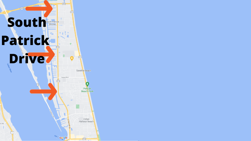 google map view of Satellite Beach pointing out the location of South Patrick Drive on the west side of Satellite Beach.