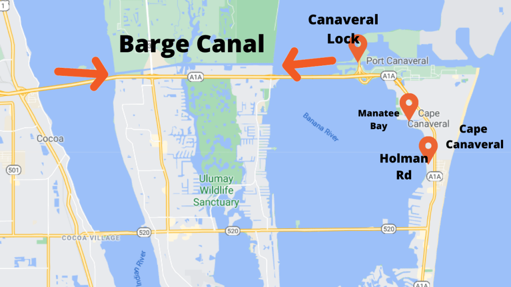 Map view of Cape Canaveral Florida showing the two communites that have river front homes. Also shown is proximity to the Canaveral Locks and the Barge Canal.