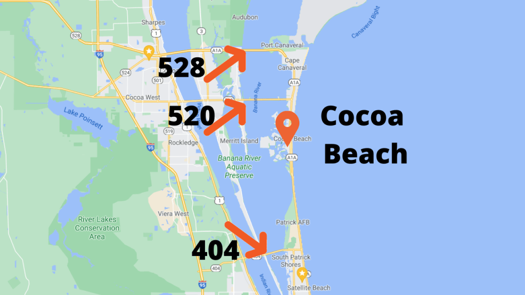 Map view showing the location of Cocoa Beach Florida that also points out the causeway bridges on SR528, SR520, and the 404. These bridges have a maximum height of 43'.