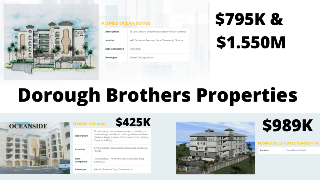The Dorough Brothers Properties have 3 existing projects completed in Cocoa Beach & Cape Canaveral Flores Del Mar, Flores De La Costa, and Flores Ocean Suites. Their 4th project is just breaking ground with the Surf Condominium near downtown Cocoa Beach.