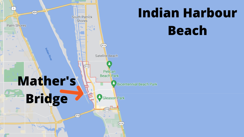 Map view of Indian Harbour Beach. The Eau Gallie Causeway connects this barrier island to the mainland. Indian Harbour Beach is also connected to Merritt Island via Mather's Bridge.