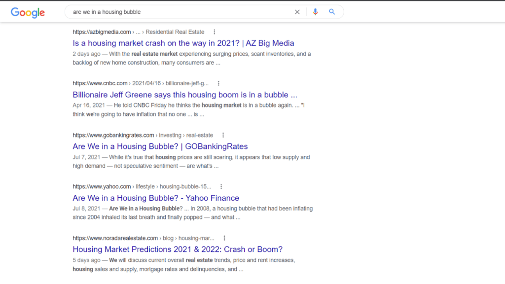 screen shot from the computer showing the headlines from the search "are we i n a housing bubble"