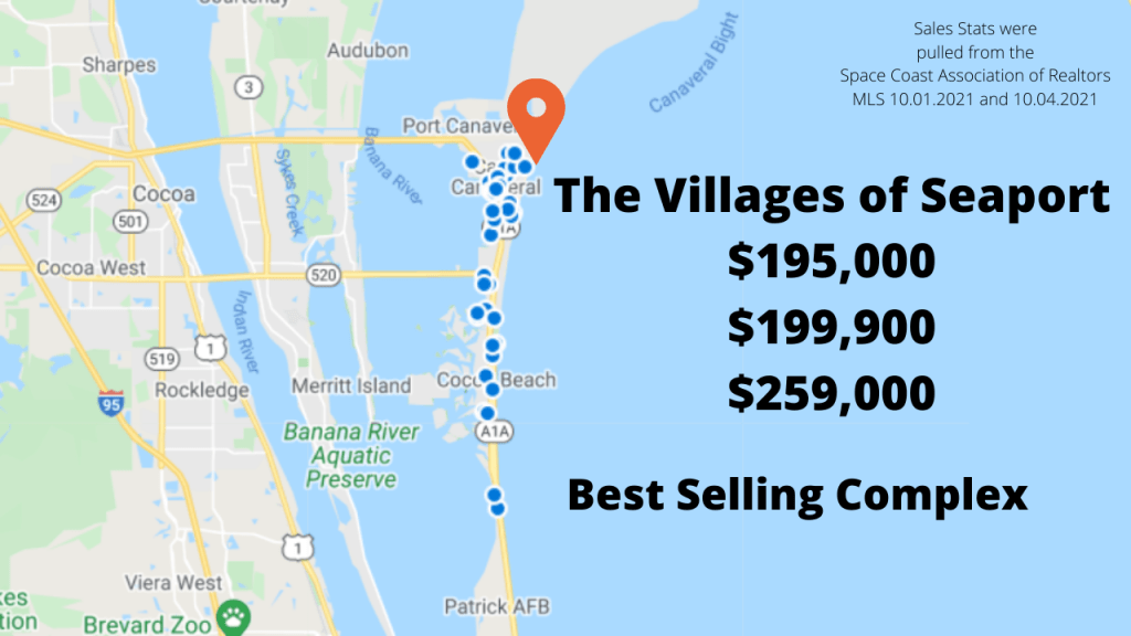 Map view of the sold condos in Cocoa Beach and Cape Canaveral. The Villages of Seaport is the best selling complex for September.