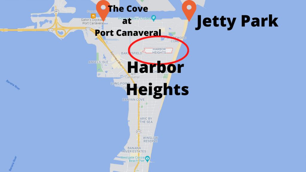 Map view of Harbor Heights in Cape Canaveral. Shows how close the beach & Port Canaveral is to the neighborhood