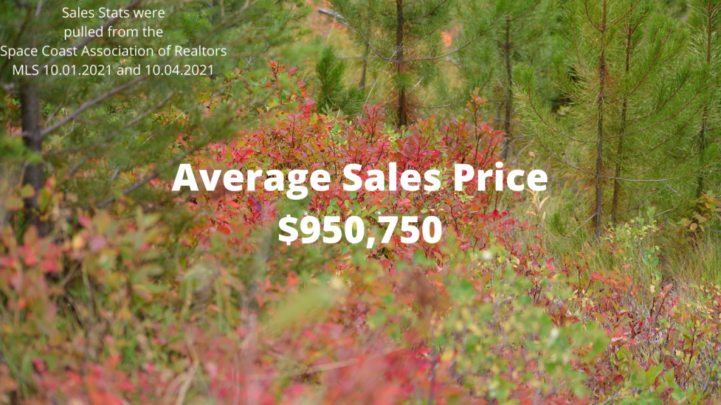 fall colors in the background with text overlay showing the average sales price for a home in Cocoa Beach in September was $950,750