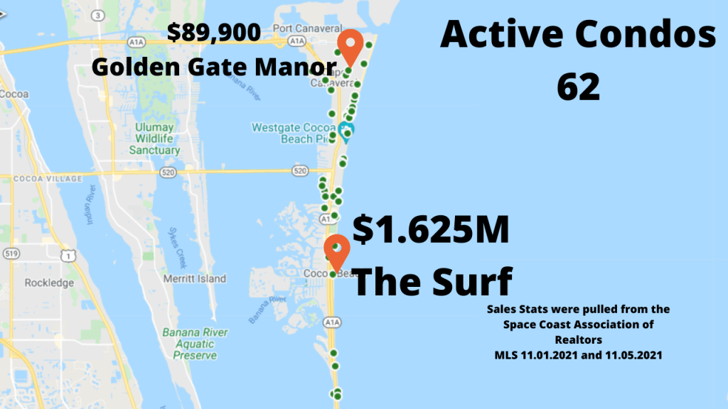 map view of the active condos in Cocoa Beach and Cape Canaveral Florida at the end of October 2021. Prices range from $89900 to $1.625M