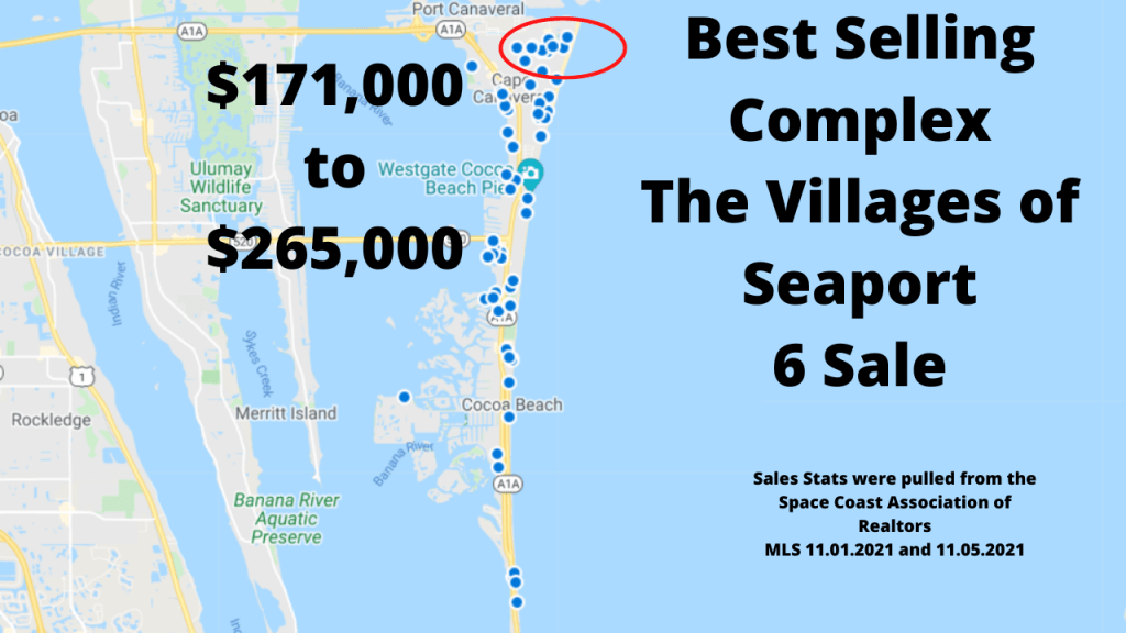 map view of the condo sales in Cocoa Beach and Cape Canaveral Florida. Most sales happened in the Villages of Seaport.