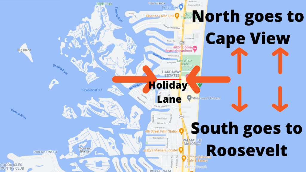 google map view of Cocoa Beach. If you live north of Holiday Lane, your children will attend Cape View pk-6th grade. South goes to Roosevelt
