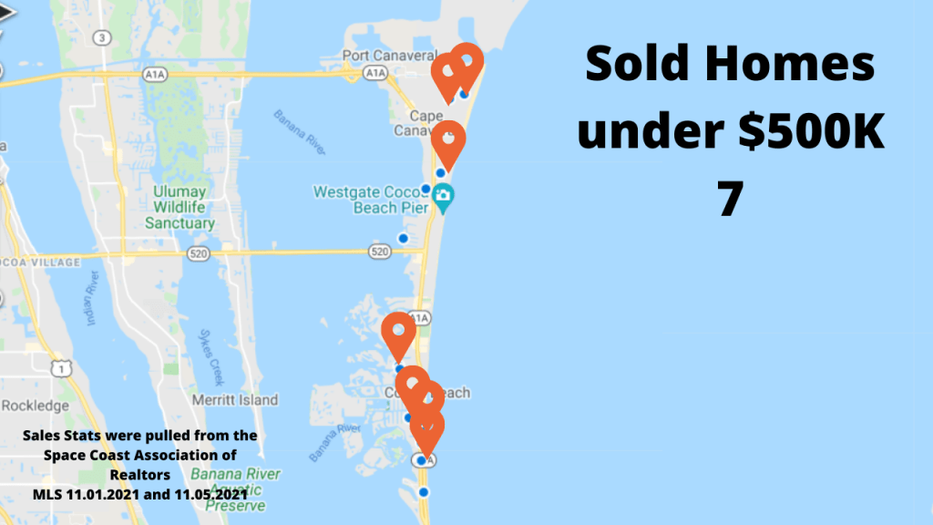 Map view of the home sales in Cocoa Beach and Cape Canaveral Florida showing 7 of the 14 sales were under $500K