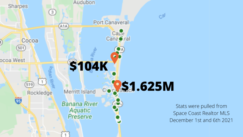 google map view of the active condos in Cocoa Beach and Cape Canaveral