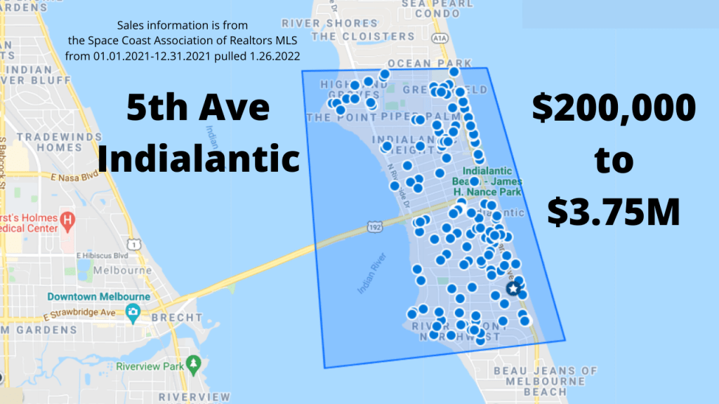 Map view of the real estate sales near 5th ave in Indialantic in 2021