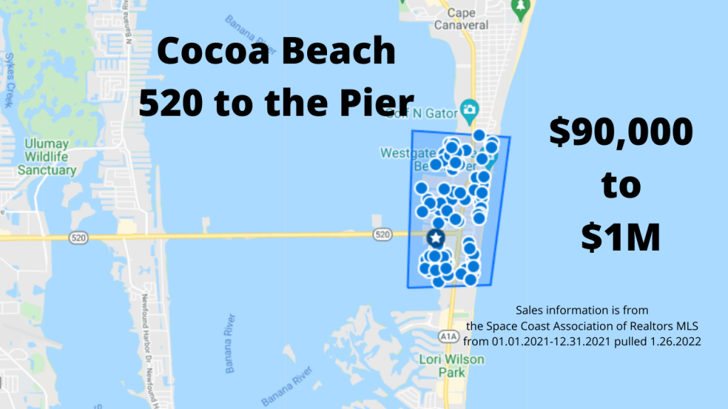 Map view of the home and condo sales between 520 and the Cocoa Beach Pier in 2021