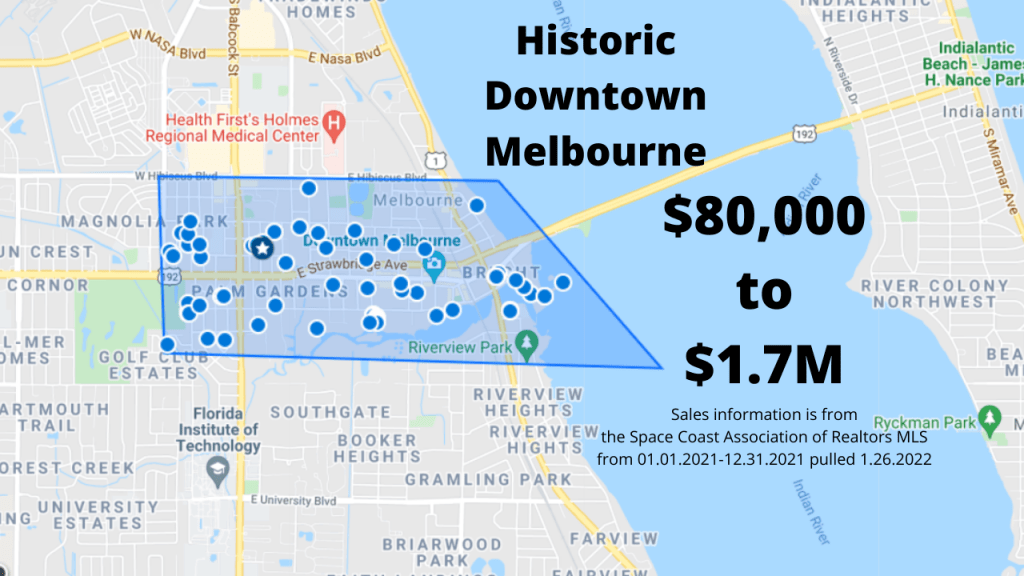 Map view of the real estate sales near Historic Downtown Melbourne