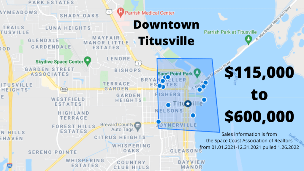 Map view of the real estate sales near historic downtown Titusville in 2021.
