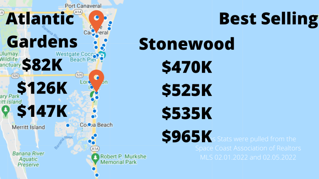 Map view of the Cocoa Beach and Cape Canaveral area showing the 2 best selling condos for February 2022.