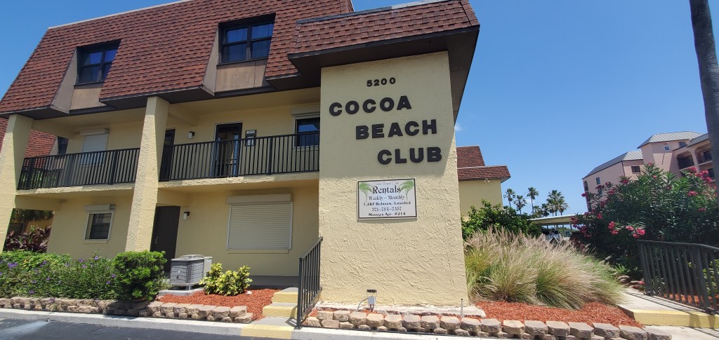 Cocoa Beach Club condos in Cocoa beach Florida. This is the view of the west side of the property as seen from Ocean Beach Blvd.