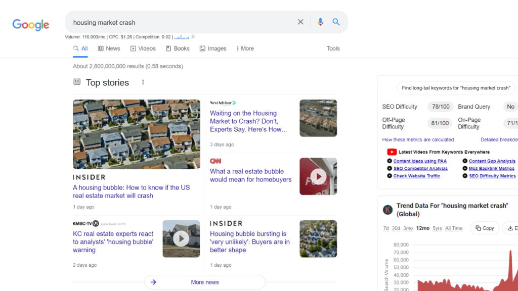 screenshot of a google search on a housing market crash