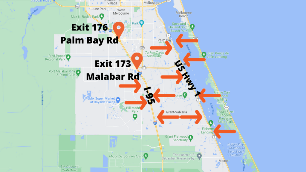 map view of palm bay showing the 4 roads I travel on often: I-95, US 1, Palm Bay Rd and Malabar Rd