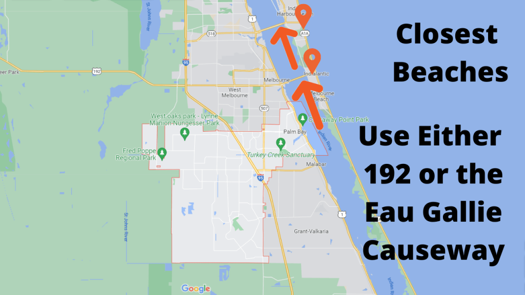 map view of Palm Bay showing the closest beaches