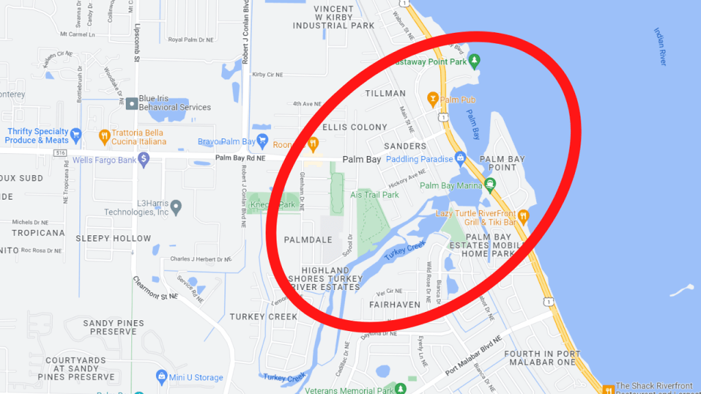 Map view of Palm Bay near the Turkey Creek showing where future redevelopment will be happening