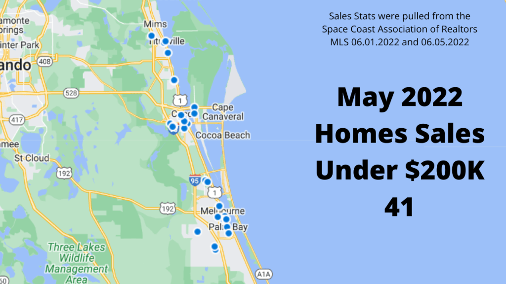 Map view showing the home sales under $200K in Brevard County