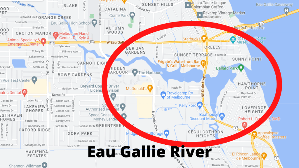 google map view of the Eau Gallie River in Melbourne Florida