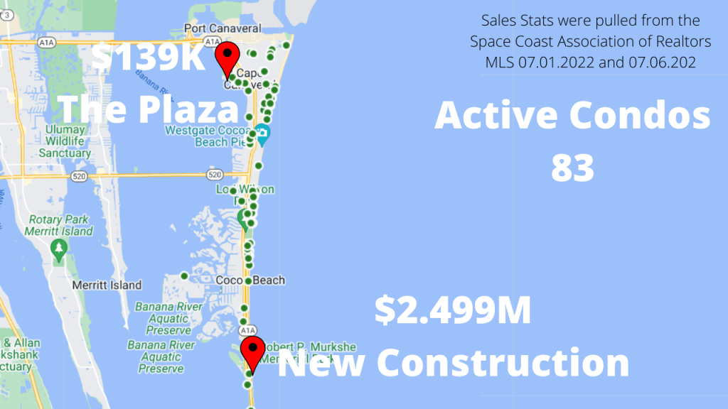 Map view of 83 condos for sale in Cocoa Beach and Cape Canaveral ranging from $139K to $2.499M