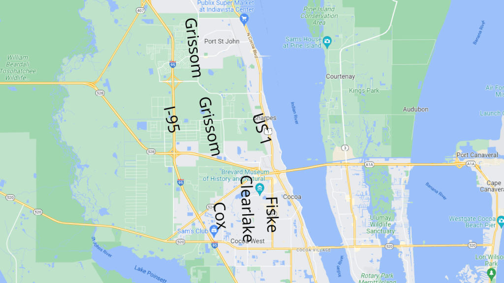 Map view of the major norht and south roadways in Cocoa and the Cocoa area.