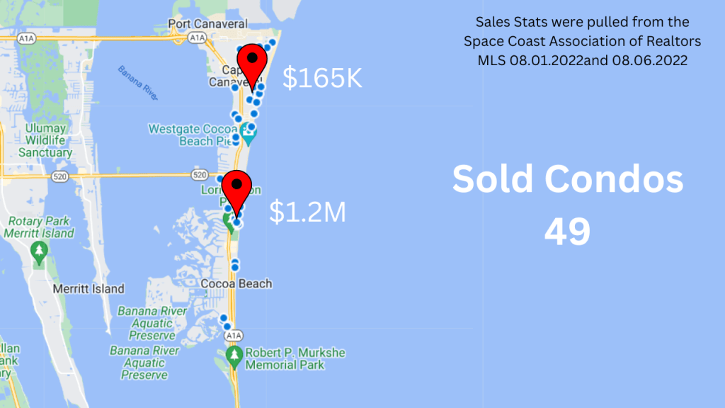 Map view of the condos sold August 2022 in Cocoa Beach and Cape Canaveral