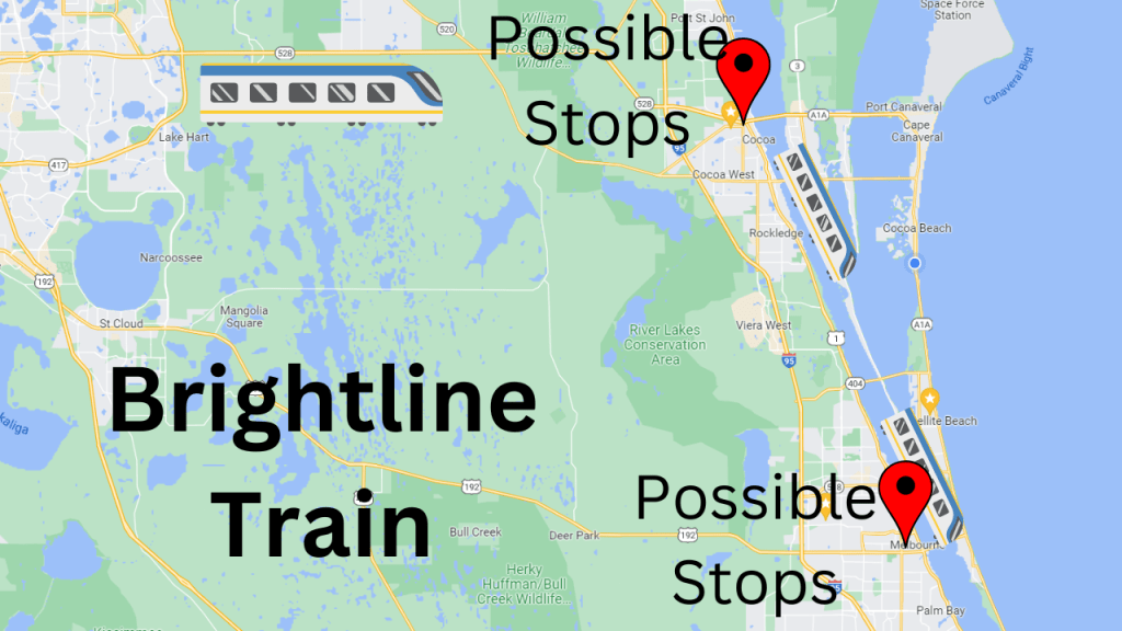 Map view of the Brightline High Speed Trainline & the 2 potential stops in Brevard County. It should be either Melbourne or Cocoa Florida.