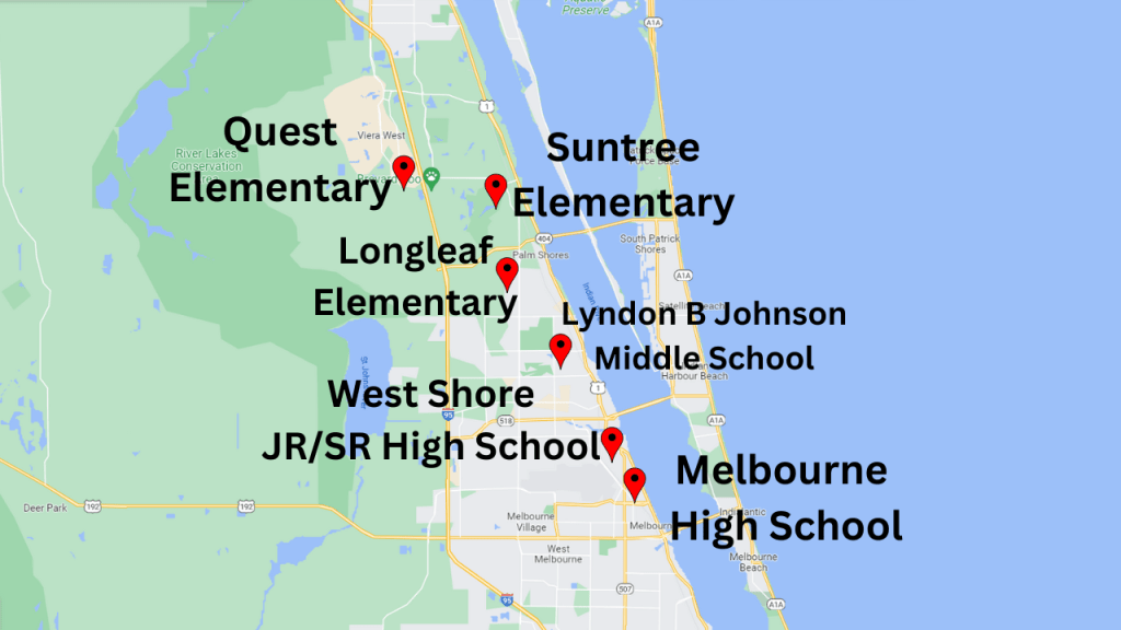 Map view of some of the school locations in Melbourne Florida