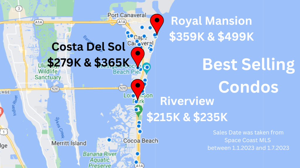 Map view showing the 37 condo sales in Cocoa Beach and Cape Canaveral.
