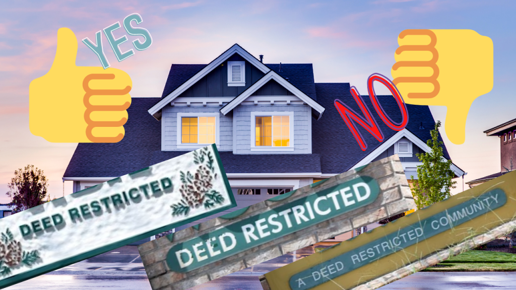 graphic of a house with a thumbs up and thumbs down for deed restrictions