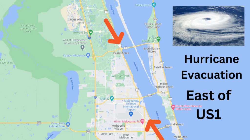 Map view of Melbourne. IF you live east of US 1, you are in the mandatory evacuation area. 