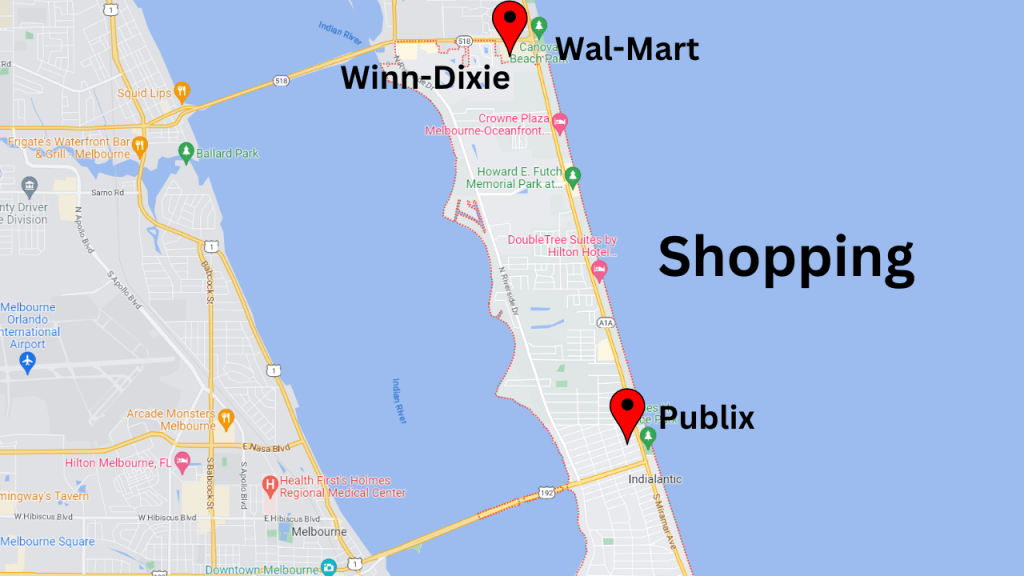 map view showing the grocery stores in the area.